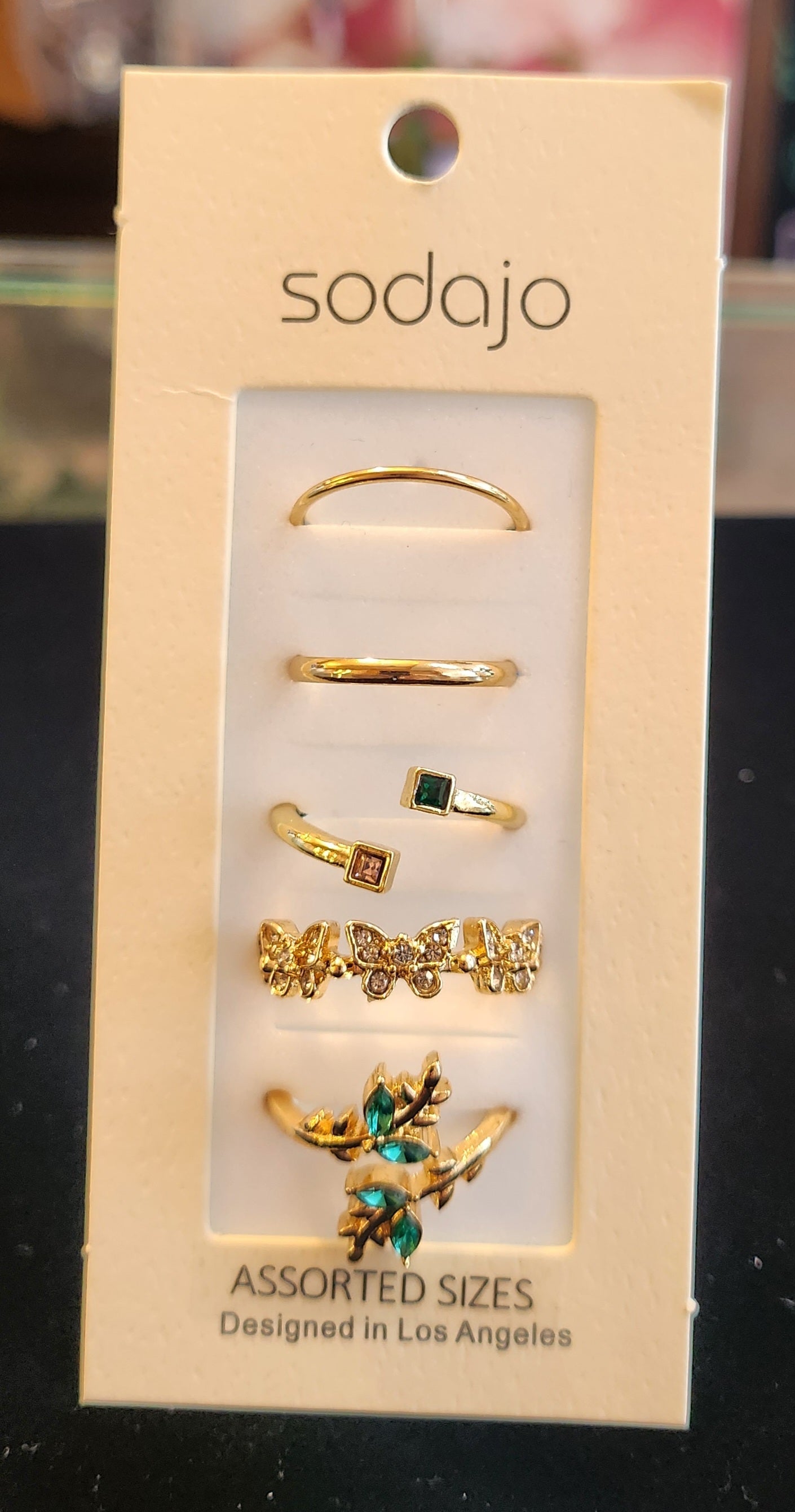 White & Green Stone Gold Tone 5 Piece Ring Set
