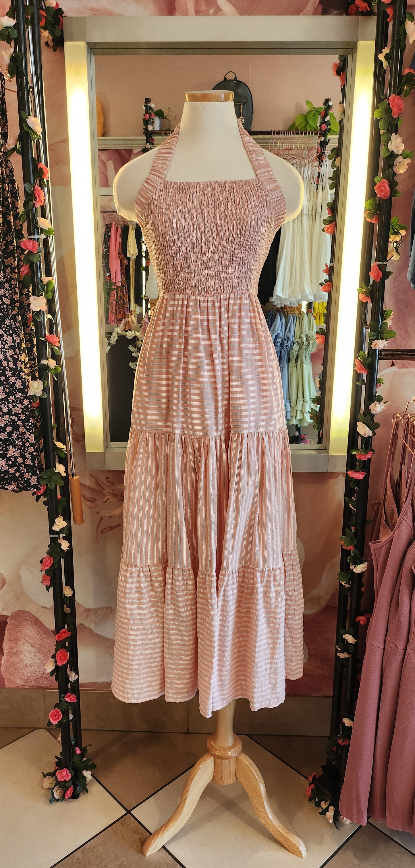 Pink & White Stripe Maxi Halter Top Dress