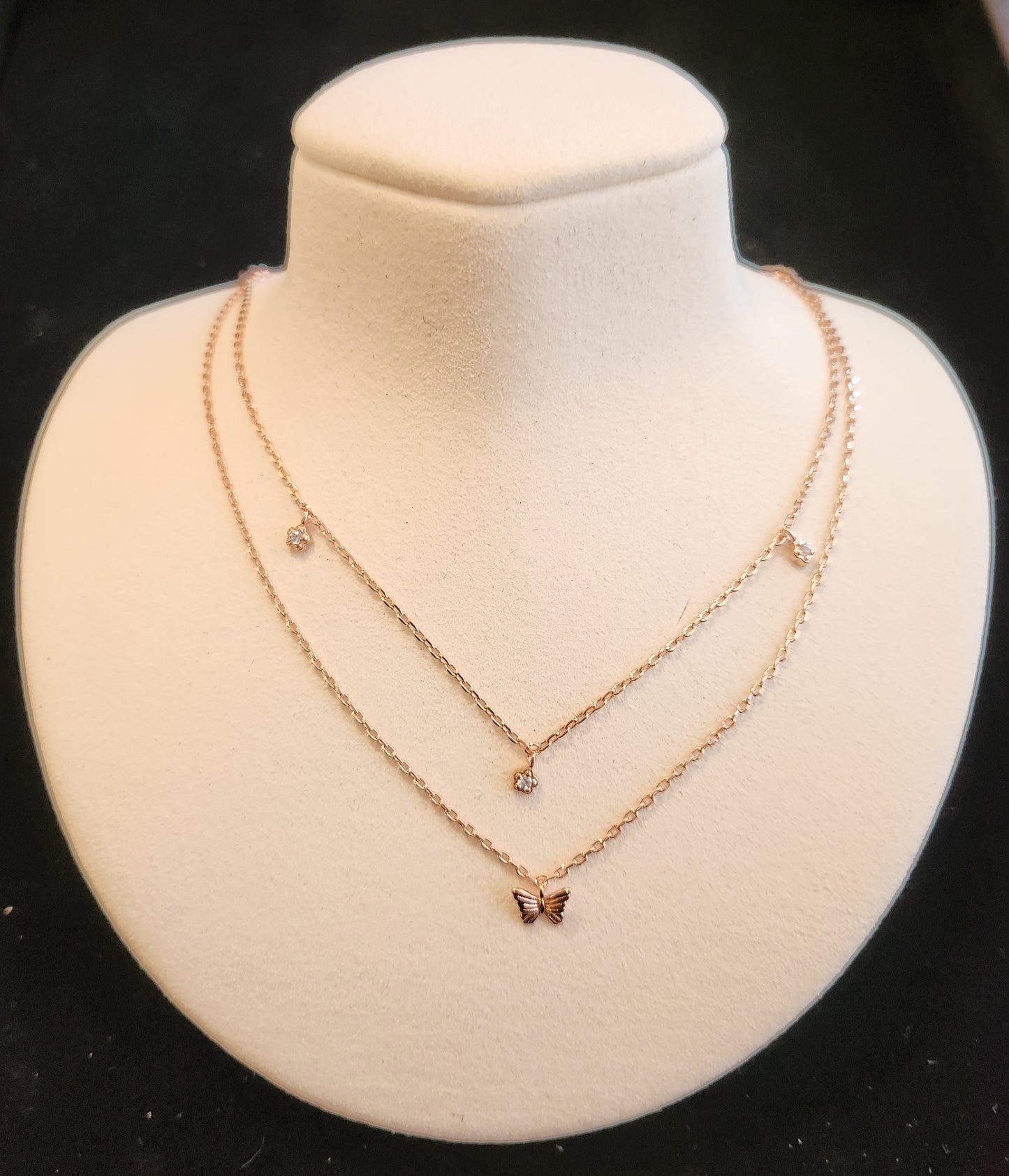 2 Row Necklace w/Butterfly - Rose Gold Dipped