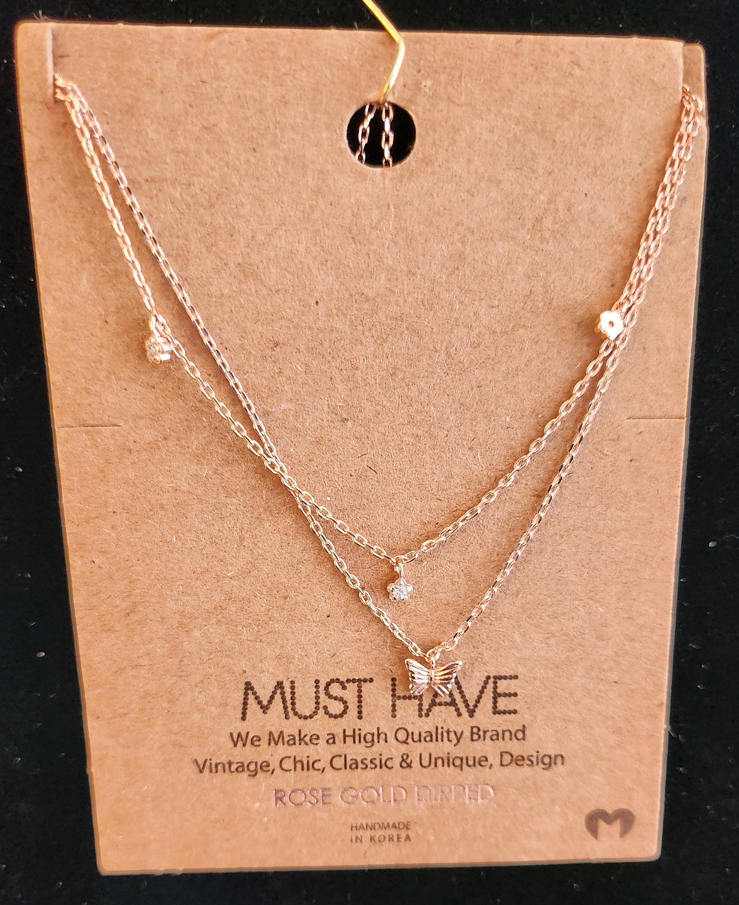 2 Row Necklace w/Butterfly - Rose Gold Dipped