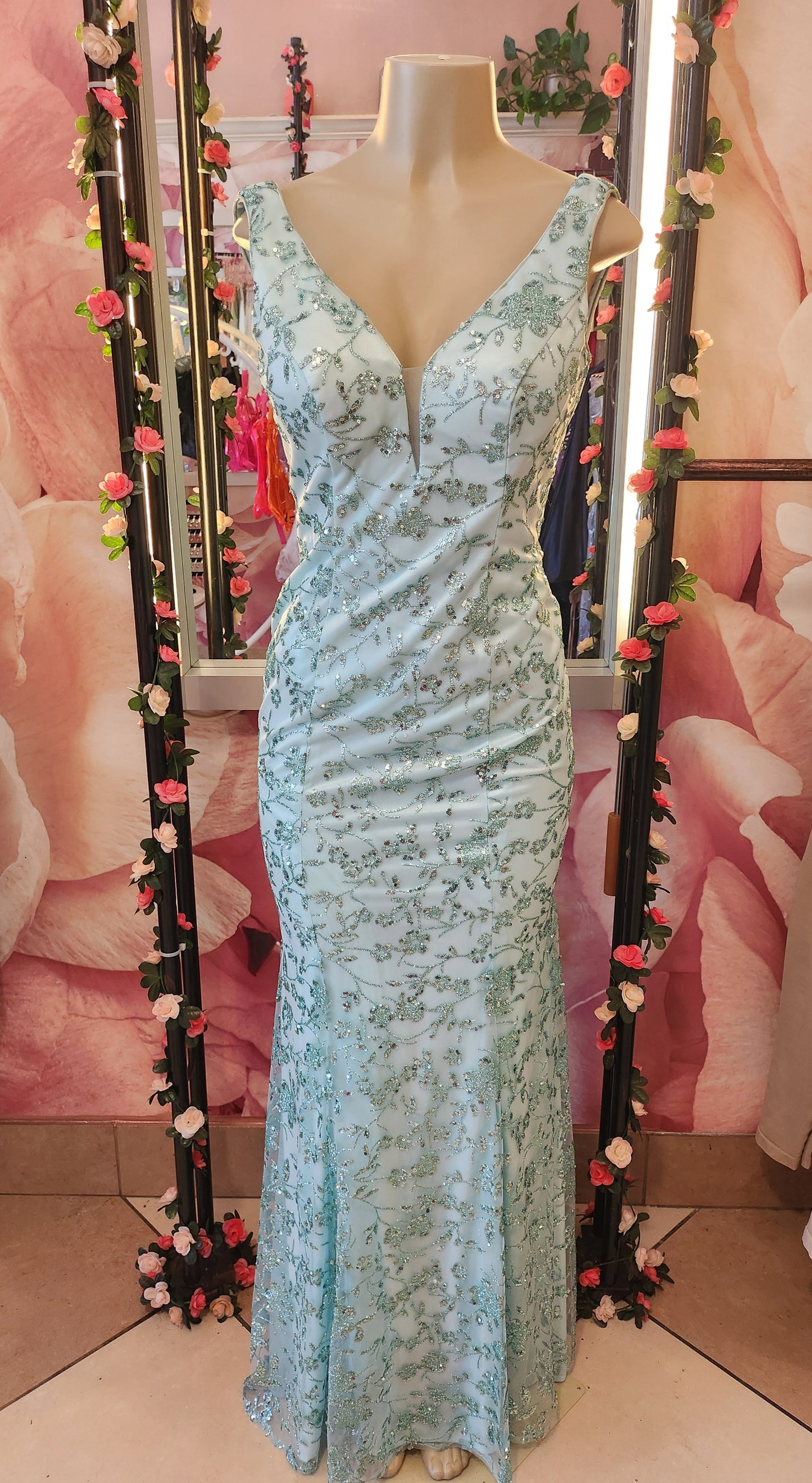 Light Green Floral Glitter Sequin Dress